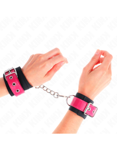 KINK - NYLON WRIST RESTRAINTS BLACK WITH LEATHERETTE BELT RASPBERRY ROSE ADJUSTABLE 19-29 CM X 5.1 CM