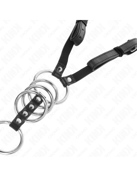 KINK - 5 PENIS RINGS 3.8 CM TO 5 CM METAL WITH LEATHER BELT 112 CM