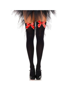 LEG AVENUE - BLACK NYLON THIGH HIGHS WITH RED BOW ONE SIZE