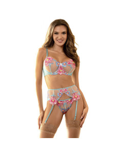 SUBBLIME - 954109 BRA PANTIES WITH GARTER BELT FLORAL DESIGN BLUE S-M