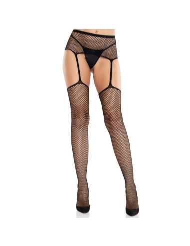 LEG AVENUE - LACE STOCKINGS WITH CROSS AND GARTER BELT BLACK