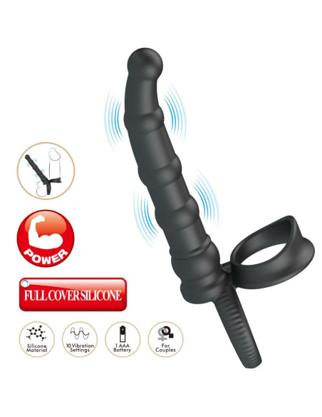 PRETTY LOVE - TATUM VIBRATING PENIS RING WITH PLUG 10 VIBRATIONS BLACK