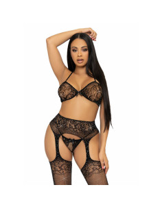 LEG AVENUE - THREE PIECES SET BRA, STRING AND STOCKING ONE SIZE - BLACK