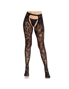 LEG AVENUE - ROSE LACE STOCKINGS WITH OPEN BACK BLACK