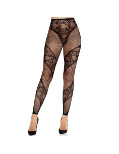 LEG AVENUE - LACE AND SHEER FOOTLESS TIGHTS BLACK