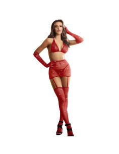 SUBBLIME - 952181 FISHNET BODYSTOCKING WITH GLOVES AND DIAMONDS RED ONE SIZE