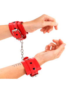 KINK - RED WRIST RESTRAINTS WITH BLACK HEART INLAY ADJUSTABLE 21-28 CM X 5.5 CM