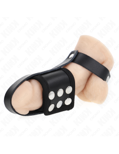 KINK - LEATHER PENIS CAGE RING WITH ADJUSTABLE COATED BALL DIVIDER STRAP 2