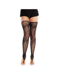 LEG AVENUE - FLORAL LACE FOOTLESS STOCKINGS BLACK