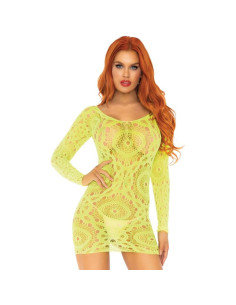 LEG AVENUE - CROCHET LACE LONG SLEEVE MINI DRESS NEON ONE SIZE 2