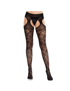 LEG AVENUE - FLORAL LACE STOCKINGS WITH GARTERS UNITED BLACK