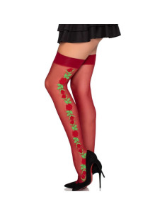 LEG AVENUE - 1957 GARTER BELT STOCKINGS WITH RED FLOWERS - ONE SIZE 2