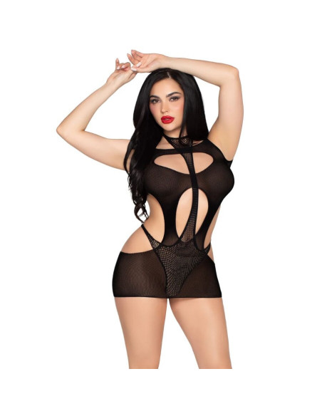 LEG AVENUE - 81680 OPAQUE MINI DRESS AND HALTER TEDDY BLACK - ONE SIZE
