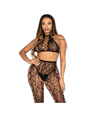 LEG AVENUE - 89372 CROP TOP and CROTCHLESS TIGHTS BLACK - ONE SIZE