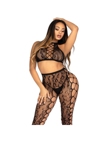 LEG AVENUE - 89372 CROP TOP and CROTCHLESS TIGHTS BLACK - ONE SIZE