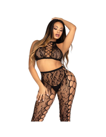 LEG AVENUE - 89372 CROP TOP and CROTCHLESS TIGHTS BLACK - ONE SIZE