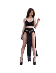 CHILIROSE - CR 4672 BLACK TOP SKIRT AND THONG WITH GOLDEN CHAINS S 2