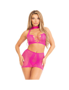 LEG AVENUE - FUCHSIA OPEN LACE TOP and SKIRT