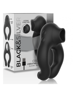 BLACKandSILVER - SILIKONINIS VIBRUOJAMAS ŽIEDAS SU 3 ĮKRAUNAMAIS VARIKLIAIS, JUODAS