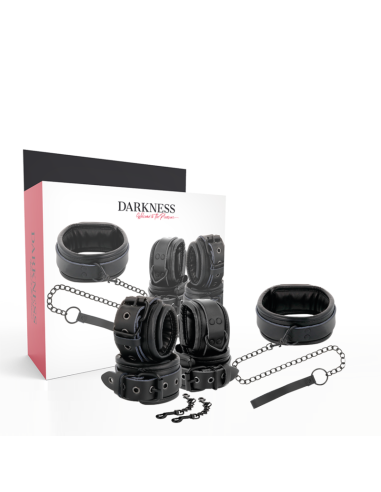 DARKNESS - BLACK LEATHER HANDCUFFS AND COLLAR