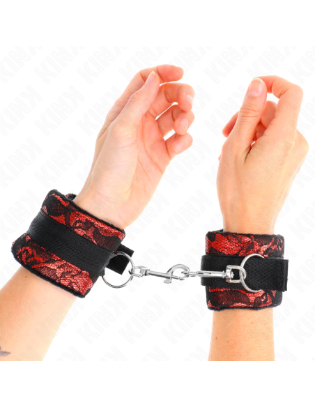 KINK - SHORT VELVET LACE WRIST RESTRAINTS AND NYLON BIND RED - BLACK 23 X 6.5 CM
