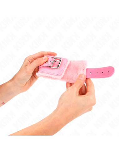 KINK - FUR LINED WRIST RESTRAINTS PINK WITH PINK BELT ADJUSTABLE 17-29 CM X 6 CM