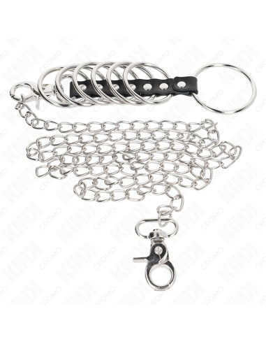 KINK - 7 metaliniai penio žiedai nuo 3,8 cm iki 5 cm, sujungti oda ir metaline grandine 100 cm