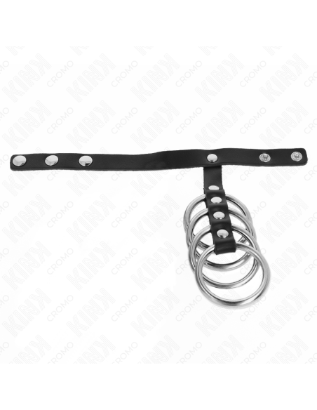 KINK - 4 metaliniai penio žiedai (3,8 cm), sujungti odiniu dirželiu (22 x 1,5 cm) ir užsegimu slėgiu