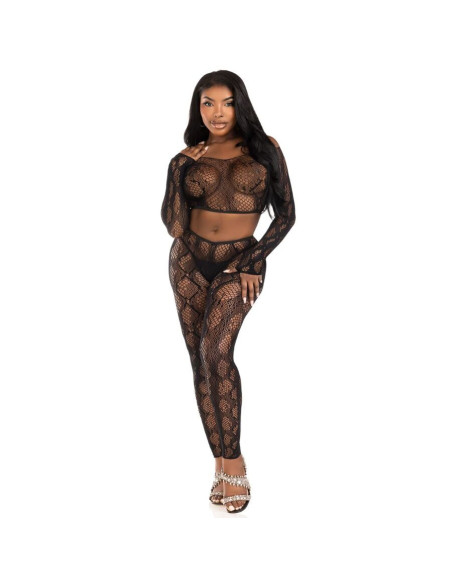 LEG AVENUE - 89373 PYTHON CROP TOP and FOOTLESS TIGHTS BLACK - ONE SIZE