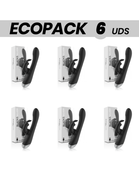 ECOPACK 6 UNITS - BLACKandSILVER ADAM RECHARGEABLE SILICONE RABBIT STIMULATOR BLACK