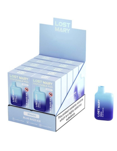 LOST MARY - (PASIRODYMO DALYVIO PROFESIONALUS PAKETAS - 10 VIENETŲ) BM600 NIKOTINO GARINTUVĖS, 2 VIENKARTINIAI, MĖLYNI RAZZ ICE