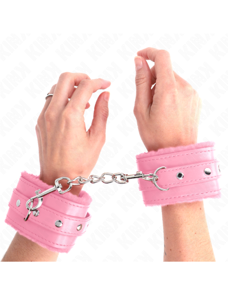 KINK - aukščiausios kokybės kailio pamušalu išklotos riešo apsaugos rožinės spalvos su rožiniu diržu, reguliuojamas 17–29 CM x 6