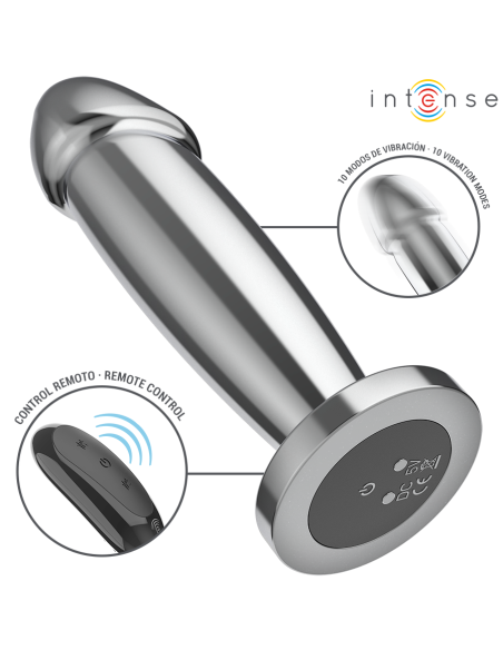 INTENSE - ANALINIS KAIŠTIS 10 VIBRACIJOS METALINIS DILDO SU NUOTOLINIO VALDYMO PULTU M