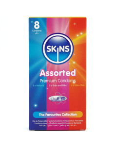 SKINS - ĮVAIRIŲ PREMIUM KLASĖS PREZERVATYVŲ PAKUOTĖ, 8 vnt.
