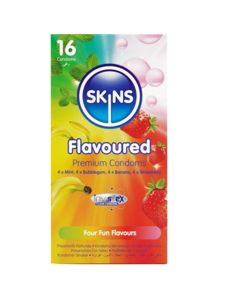 SKINS - ĮVAIRIŲ SKONIŲ PREMIUM KLASĖS PREZERVATYVŲ PAKUOTĖ, 16 VNT.