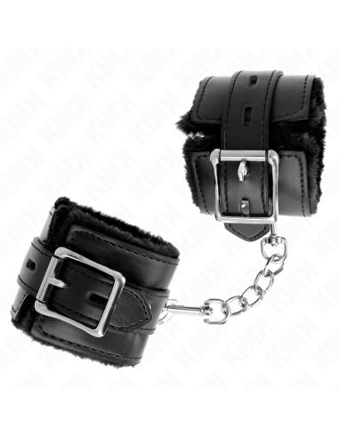 KINK - FUR LINED WRIST RESTRAINTS WITH SQUARE HOLES BLACK AND BLACK BELT ADJUSTABLE 17-29 CM X 6 CM