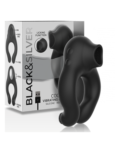 BLACKandSILVER - SILICONE VIBRATOR RING 3 MOTORS RECHARGEABLE BLACK