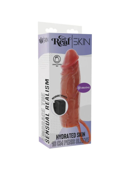 GET REAL - DRĖKINANČIA ODA SILIKONINIS VIBRUOJANČIAS PENIO APVALKALAS KARAMELĖ 16 CM