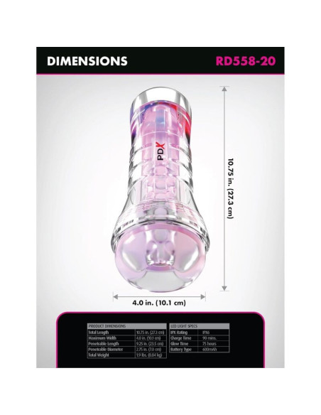 PDX ELITE - VIEWTUBE XXL LED TRANSPARENT STROKER 27.3 CM