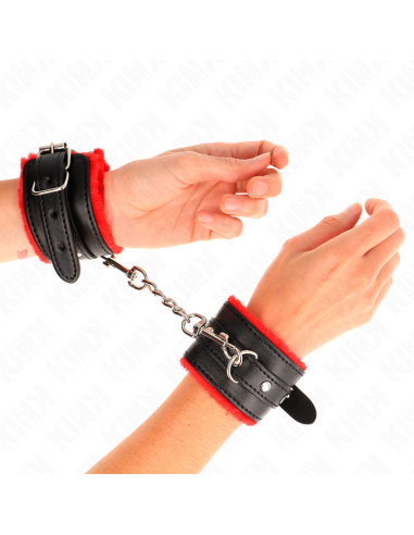 KINK - PREMIUM FUR LINED WRIST RESTRAINTS RED WITH BLACK BELT ADJUSTABLE 17-29 CM X 6 CM