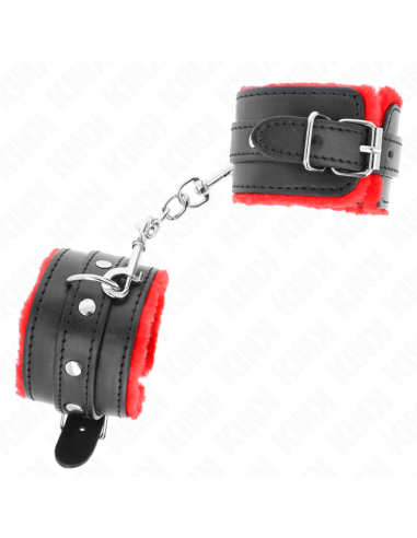 KINK - PREMIUM FUR LINED WRIST RESTRAINTS RED WITH BLACK BELT ADJUSTABLE 17-29 CM X 6 CM