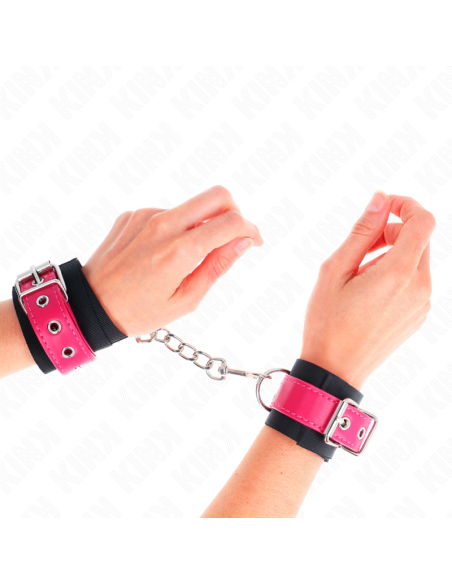KINK - NYLON WRIST RESTRAINTS BLACK WITH LEATHERETTE BELT RASPBERRY ROSE ADJUSTABLE 19-29 CM X 5.1 CM