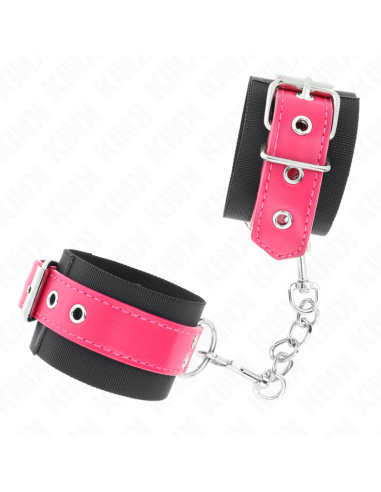 KINK - NYLON WRIST RESTRAINTS BLACK WITH LEATHERETTE BELT RASPBERRY ROSE ADJUSTABLE 19-29 CM X 5.1 CM