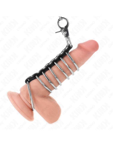 KINK - 7 metaliniai penio žiedai nuo 3,8 cm iki 5 cm, sujungti oda ir metaline grandine 100 cm