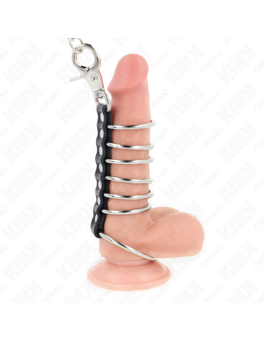 KINK - 7 METAL PENIS RINGS 3.8 CM TO 5 CM CONNECTED WITH LEATHER AND METAL CHAIN 100 CM