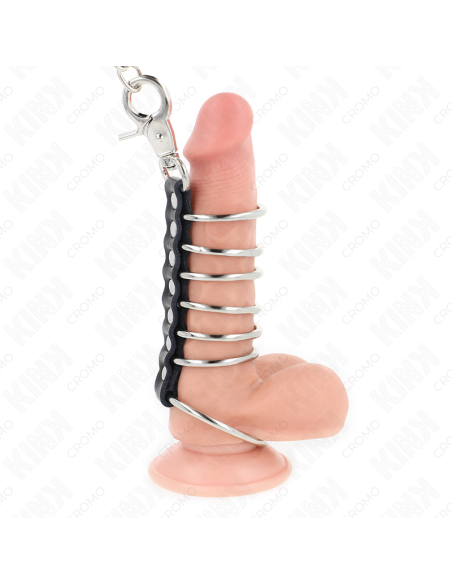 KINK - 7 metaliniai penio žiedai nuo 3,8 cm iki 5 cm, sujungti oda ir metaline grandine 100 cm