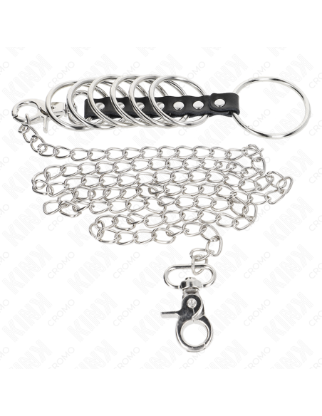 KINK - 7 metaliniai penio žiedai nuo 3,8 cm iki 5 cm, sujungti oda ir metaline grandine 100 cm