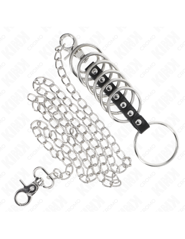 KINK - 7 METAL PENIS RINGS 3.8 CM TO 5 CM CONNECTED WITH LEATHER AND METAL CHAIN 100 CM