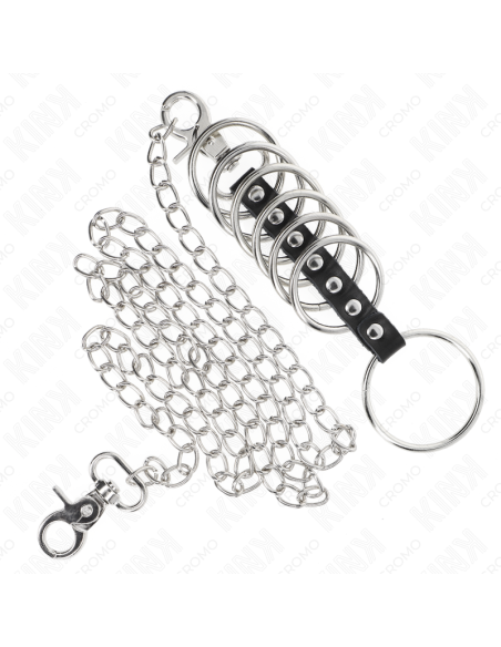 KINK - 7 metaliniai penio žiedai nuo 3,8 cm iki 5 cm, sujungti oda ir metaline grandine 100 cm