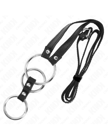 KINK - TRIPLE METAL PENIS RING 3.8 CM TO 5 CM WITH LEATHER BELT 112 CM